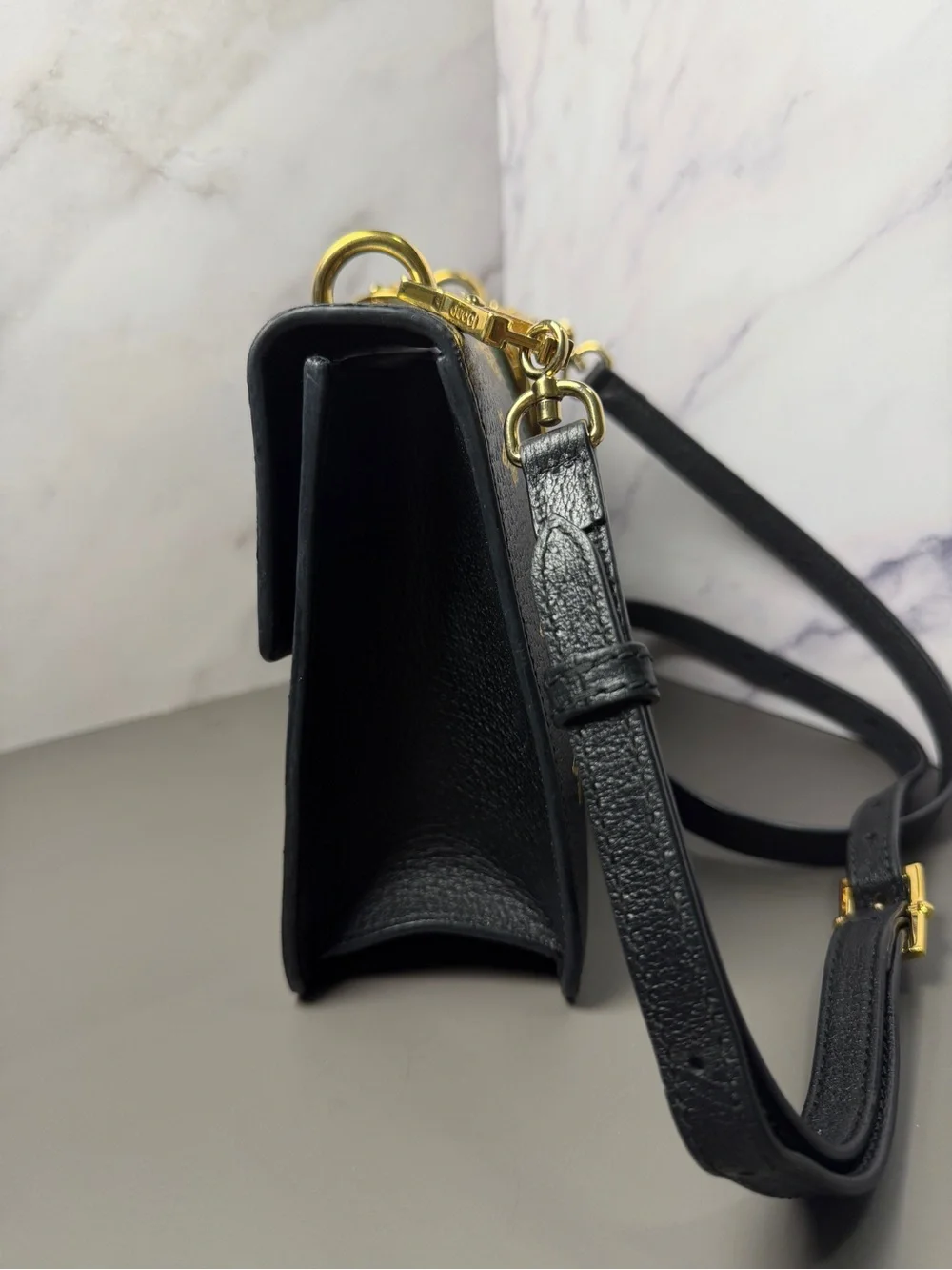 Gucci Sylvia Bee Black Leather Shoulder Bag with Green-Red Web and Gold Hardware